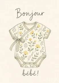 Floral baby onesie card with Bonjour bébé text in hand-drawn pastel style on cream background.