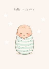 Cute swaddled baby cartoon with hello little one text