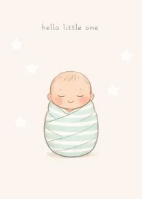 A sleeping swaddled baby in mint stripes with stars and hello little one text above.