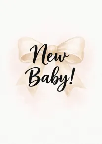 Soft watercolor bow card with New Baby in black script on a pale blush background.