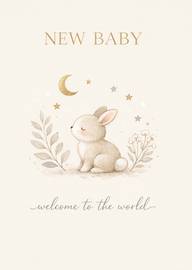 Watercolor bunny with moon stars floral new baby card