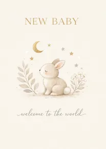 Cute bunny with moon, stars, and foliage above New Baby welcome to the world message.