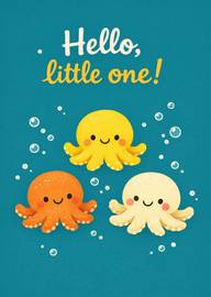 Cute colorful octopus baby greeting card with hello little one text
