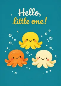 Three smiling octopuses float among bubbles on teal background with the text Hello, little one!
