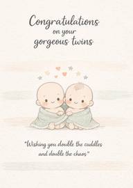 Cute congratulations card with adorable illustrated twin babies