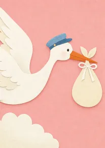 Paper cut stork in a blue cap carries a baby bundle against a pink background.