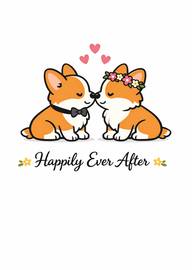 Cute corgi couple with hearts and happily ever after text