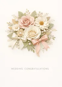 Pastel paper flowers, bows and pearls with WEDDING CONGRATULATIONS on a soft white background card.