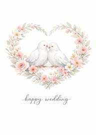Wedding card with two white doves in floral heart