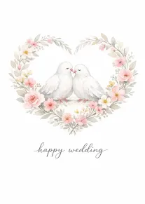 Two white doves inside a pink floral heart with happy wedding written below in script.
