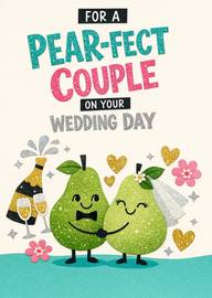Glittery cartoon pears hugging celebrating wedding day