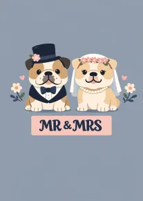 Two dressed-up bulldogs as bride and groom with flowers and Mr and Mrs text below.