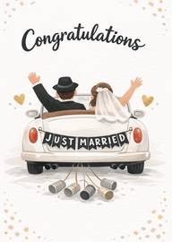 Illustrated wedding couple just married in car with congratulations
