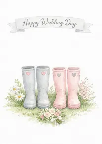 Watercolour wedding card with matching boots, flowers, and a Happy Wedding Day ribbon banner above.