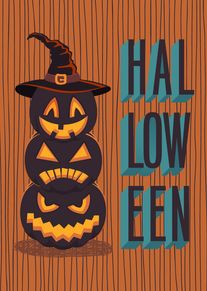 Stacked Halloween pumpkins with witch hat and HAL LOW EEN