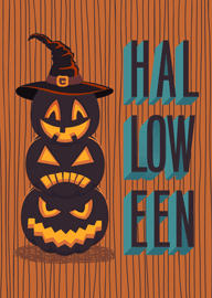 Stacked Jack-o'-lanterns with Witch Hat Halloween Card