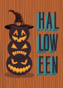 Three stacked jack-o'-lanterns wearing witch hat beside bold HAL LOW EEN text on orange woodgrain.