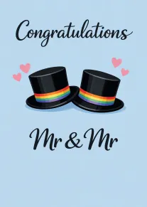 Light blue card with Congratulations, rainbow top hats, pink hearts, and Mr & Mr text.
