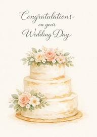 Elegant wedding congratulations card with floral decorated cake illustration