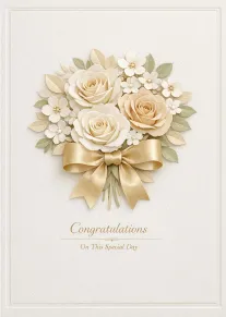Cream floral bouquet with gold ribbon and congratulations wording on a textured elegant card background.