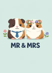 Two cute guinea pigs dressed as Mr and Mrs with flowers and wedding-themed lettering below.