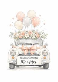 Wedding congratulations card with vintage car and floral balloons