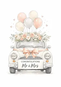 Watercolor vintage car decorated with flowers and balloons, reading Congratulations Mr & Mrs for newlyweds below.