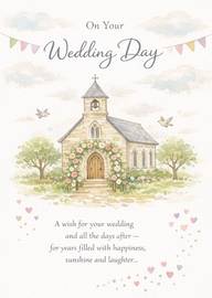Watercolor Church Wedding Day Card with Love Hearts and Birds