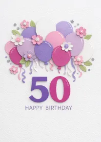 Pastel paper balloons and flowers surround a large 50 with happy birthday text on white.