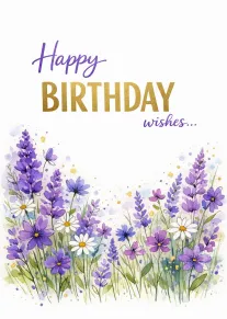 Purple watercolor wildflowers and daisies frame a Happy Birthday wishes message in elegant gold script.