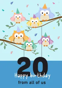 Five pastel owls in party hats perch on branches above a bold 20 birthday message.