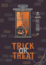 Halloween card with pumpkin spider web and trick or treat text