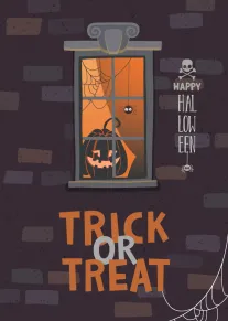 Orange pumpkin in a spooky window with spiderwebs, skulls, and vertical Trick or Treat text.