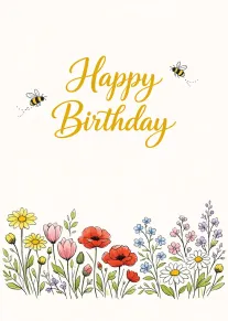 Floral birthday card with happy birthday script, bees, and colourful meadow flowers on white background.