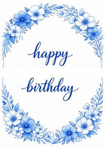Blue floral wreath card with elegant script reading happy birthday on a clean white background.