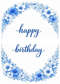 Blue floral wreath card with elegant script reading happy birthday on a clean white background.