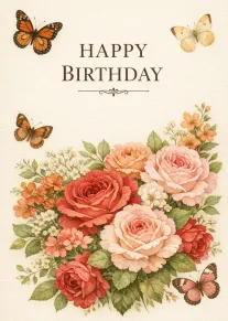Watercolor roses and butterflies surround Happy Birthday text on a cream background in autumn tones.