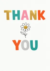 Colorful Thank You card with a simple daisy illustration on a white textured background design.