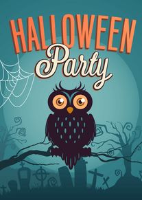 Halloween Party Owl Card with Spooky Graveyard and Spiderweb Scene