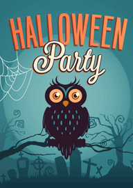 Halloween Party Invitation Card with Owl and Graveyard Scene