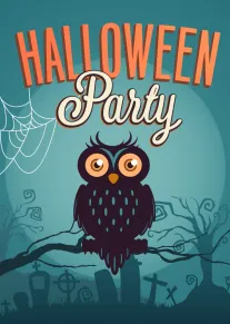 Cute owl sits in a spooky graveyard under Halloween party text and spiderweb decorations.