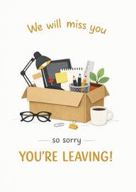 Card with box of office items and leaving message