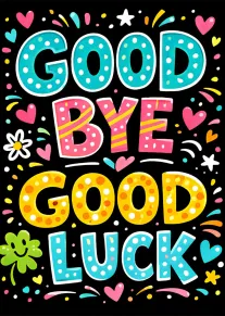 Colorful goodbye good luck card with bold polka dot letters, hearts, stars, and playful doodles.