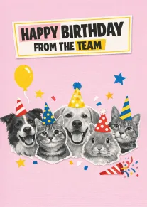 Birthday card with dogs and cats in party hats on pink background.