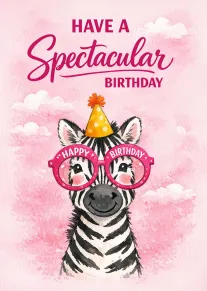 Watercolor zebra wearing party hat and pink birthday glasses on a pink background.