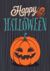 Happy Halloween Card with Smiling Pumpkin and Ghost