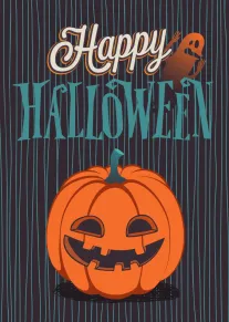 A smiling jack-o-lantern and little ghost beneath Happy Halloween text on a dark striped background.
