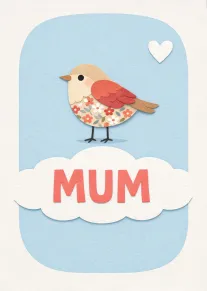 Paper bird with floral body, white heart, and bold MUM text on a soft blue background.