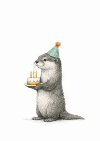 An otter in a party hat proudly holds a birthday cake with three lit candles.