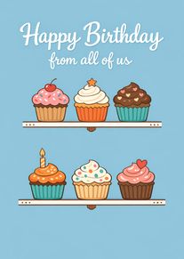 Happy Birthday from All of Us Cute Cupcakes on Blue